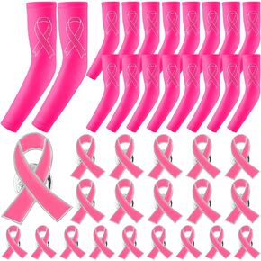 Vabean 9 Pack Breast Cancer Awareness Sleeves and 20 Pieces Breast Cancer Awareness Lapel Pins Compression Pink Arm Sleeves Pink Ribbon Lapel Pins for Sport Adults