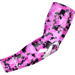 COOLOMG Breast Cancer Arm Sleeve Pink Ribbon Single Sleeve for Football Baseball Basketball Volleyball Adults Youth Kids