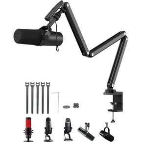 KU XIU Aluminum Alloy Boom Arm Microphone Stand for Desk, Three-Section Adjustable Mic Arm Mount with Cable Management Channels for Desktop Podcasting, Recording, Streaming, Gaming, Home Office-Black
