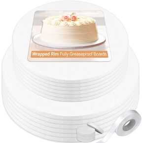 Cake Drum 10 & 12 Inch (2 Sizes, 12 Pack Total) | Free Prop Up Tool & Matching Ribbon | 1/2" Thick Cake Board Rounds | Sturdy, Seamless & Greaseproof Cake Circles for Presenting Heavy/Tiered Cakes