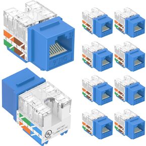 VCELINK RJ45 Cat6 Keystone Jacks UL-Listed 10-Pack, Slim Profile Ethernet Wall Jack UTP Punch Down Block PoE in Blue