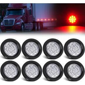 PVerandio 8Pcs 2.5" Red Round 13 LED Side Marker Lights Clearance Lights with Clear Lens, Light Grommet and 2-prong Wire Pigtail for Trailer Truck RV, Flush Mount, 12V, IP67 Waterproof