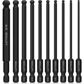Ball End Hex Head Allen Wrench Drill Bit Set (10PCS SAE 5/16" to 5/64"), LATTOOK 10PCS SAE Ball End Hex Bit Set Allen Key Bit Set Hex Key Drill Bit Set, Magnetic S2 Steel, 4'' Long