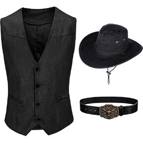 KAIPUTE Western Cowboy Costume Men's Vest Hat Belt for Adult Halloween Party Cosplay