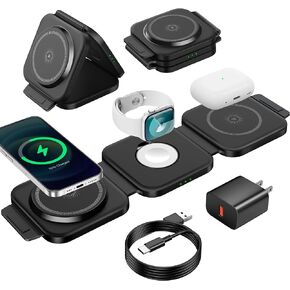Zyerch 𝟯 𝗶𝗻 𝟭 𝗖𝗵𝗮𝗿𝗴𝗶𝗻𝗴 𝗦𝘁𝗮𝘁𝗶𝗼𝗻 for Apple,Magnetic Charger for Travel,Wireless Charger Pad for iPhone 15/14/13/12/Pro/Max/Mini,AirPods Wireless/Pro,iWatch Ultra/SE/9/8/7/6/5/4/3/2