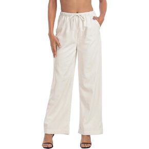 HDE Women's Linen Drawstring Pants Wide Leg Casual Palazzo Trouser with Pockets