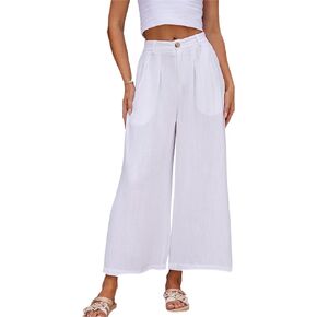 heipeiwa Women's Summer Capris Cotton Linen Pants Wide Leg Palazzo Culottes Pants Linen Casual Dress Flowy Pant