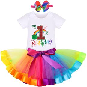 IWEMEK Baby Girl Watermelon 1st Birthday Outfit ONE Cake Smash Romper Rainbow Tutu Skirt Headband Princess Clothes Photo Prop