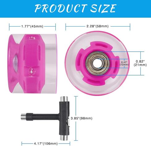 Light Up Skateboard Longboard Wheels 58mm X 45mm 82A with Bearings ABEC-7 and All-in-One T Tool (Set of 4), Cruiser Replacement Wheels for Street Skateboards in Kuwait