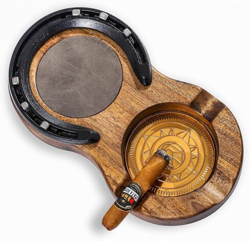 LINOVINO خشبية السيجار منفضة سجائر كوستر علبة زجاج ويسكي وإكسسوارات السيجار بتصميم حدوة الحصان اليدوية مع 3 فتحات سيجار هدايا سيجار رائعة للرجال في الأماكن المغلقة والخارجية واستخدام المكتب المنزلي (رمادي) in Kuwait