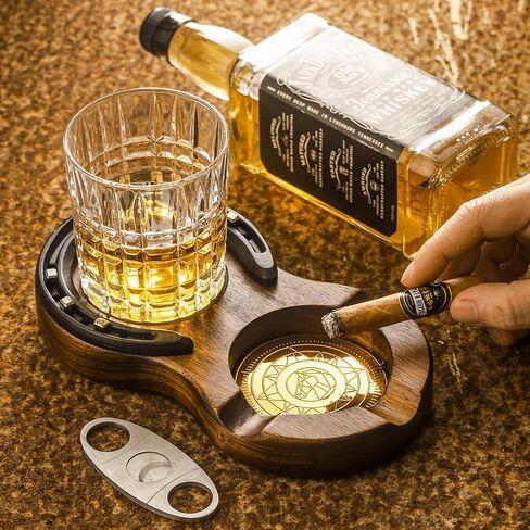 LINOVINO خشبية السيجار منفضة سجائر كوستر علبة زجاج ويسكي وإكسسوارات السيجار بتصميم حدوة الحصان اليدوية مع 3 فتحات سيجار هدايا سيجار رائعة للرجال في الأماكن المغلقة والخارجية واستخدام المكتب المنزلي (رمادي) in Kuwait