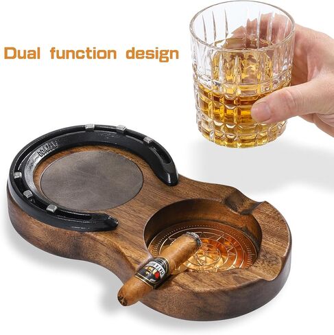 LINOVINO خشبية السيجار منفضة سجائر كوستر علبة زجاج ويسكي وإكسسوارات السيجار بتصميم حدوة الحصان اليدوية مع 3 فتحات سيجار هدايا سيجار رائعة للرجال في الأماكن المغلقة والخارجية واستخدام المكتب المنزلي (رمادي) in Kuwait