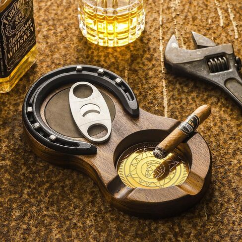 LINOVINO خشبية السيجار منفضة سجائر كوستر علبة زجاج ويسكي وإكسسوارات السيجار بتصميم حدوة الحصان اليدوية مع 3 فتحات سيجار هدايا سيجار رائعة للرجال في الأماكن المغلقة والخارجية واستخدام المكتب المنزلي (رمادي) in Kuwait