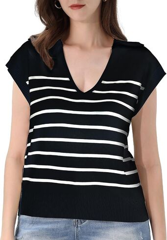 CosySun Women Cap Sleeve Top - Summer Lapel Ribbed Striped Knitwear : V-Neck Sleeveless Vest Pullover Tank Sweater in Saudi Arabia