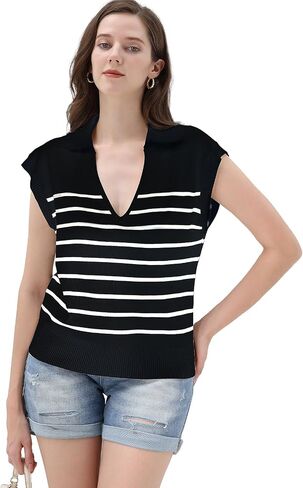 CosySun Women Cap Sleeve Top - Summer Lapel Ribbed Striped Knitwear : V-Neck Sleeveless Vest Pullover Tank Sweater in Saudi Arabia