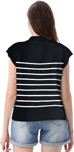 CosySun Women Cap Sleeve Top - Summer Lapel Ribbed Striped Knitwear : V-Neck Sleeveless Vest Pullover Tank Sweater in Saudi Arabia
