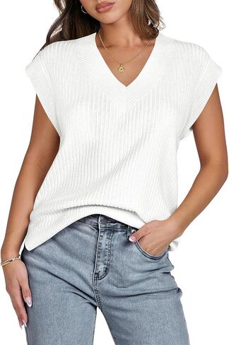 ANRABESS Womens V Neck Sweater Vest Oversized Sleeveless Tops Casual Ribbed Knit Loose 2024 Summer Tank Top Outfits Clothes in Saudi Arabia