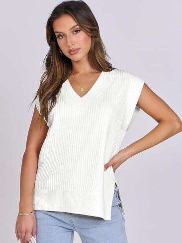 ANRABESS Womens V Neck Sweater Vest Oversized Sleeveless Tops Casual Ribbed Knit Loose 2024 Summer Tank Top Outfits Clothes in Saudi Arabia