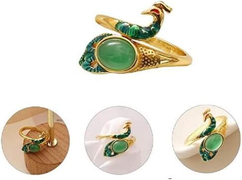 Knitting Loop Crochet Guide Ring Adjustable, Open Finger Rings DIY Leading Tool for Yarn Quilting, Fashionable Peacock Shaped Thimble with Emerald for Mother Grandma (2 Pack, Golden & Silver), bz01 in Saudi Arabia