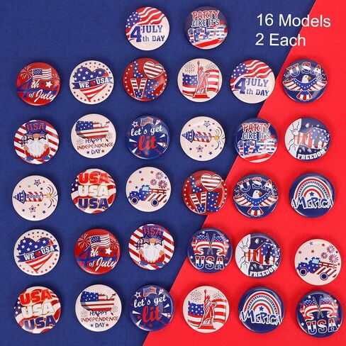 32 Pcs Patriotic USA Buttons,4th of July Party Favors USA Stars and Stripes Lapel Buttons Novelty American Flag Buttons Campaign Buttons Red White and Blue for Men Women Adult Kids Decorations in Saudi Arabia