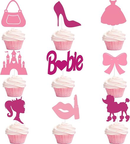 36 قطعة من أغطية الكب كيك لعيد ميلاد سعيد للفتيات باللون الوردي الساخن، فستان وردي لامع للأميرة بكعب عالٍ وقوس أحمر الشفاه على شكل تاج لتزيين الكب كيك وحفلات استقبال المولود الجديد للنساء والفتيات in Kuwait