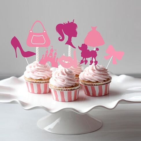 36 قطعة من أغطية الكب كيك لعيد ميلاد سعيد للفتيات باللون الوردي الساخن، فستان وردي لامع للأميرة بكعب عالٍ وقوس أحمر الشفاه على شكل تاج لتزيين الكب كيك وحفلات استقبال المولود الجديد للنساء والفتيات in Kuwait