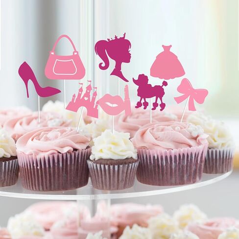 36 قطعة من أغطية الكب كيك لعيد ميلاد سعيد للفتيات باللون الوردي الساخن، فستان وردي لامع للأميرة بكعب عالٍ وقوس أحمر الشفاه على شكل تاج لتزيين الكب كيك وحفلات استقبال المولود الجديد للنساء والفتيات in Kuwait