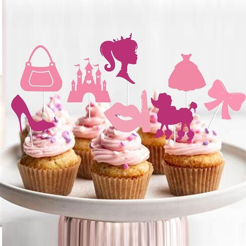 36 قطعة من أغطية الكب كيك لعيد ميلاد سعيد للفتيات باللون الوردي الساخن، فستان وردي لامع للأميرة بكعب عالٍ وقوس أحمر الشفاه على شكل تاج لتزيين الكب كيك وحفلات استقبال المولود الجديد للنساء والفتيات in Kuwait