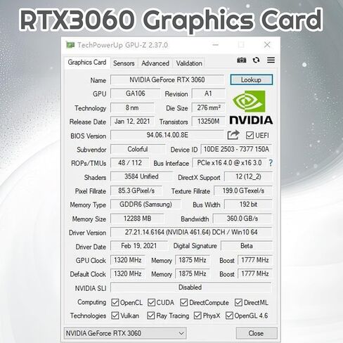 بطاقة رسومات SOYO NVIDIA Geforce RTX3060، بطاقة فيديو 12 جيجابايت GDDR6 192 بت لألعاب الكمبيوتر مع 1 * HDMI و3 * منفذ عرض PCI Express x 16 4.0 بطاقة رسومات للألعاب ذات مراوح مزدوجة in Kuwait