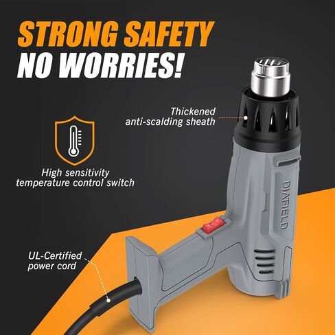 DIAFIELD Mini Heat Gun, 2 Temp Setting 302℉-842℉ Fast Heat Hot Air Gun Tool with Reflector Nozzle and 5.9Ft Cable Overload Protection for Epoxy Resin, Craft, Embossing, Shrink Wrapping & DIY in Saudi Arabia