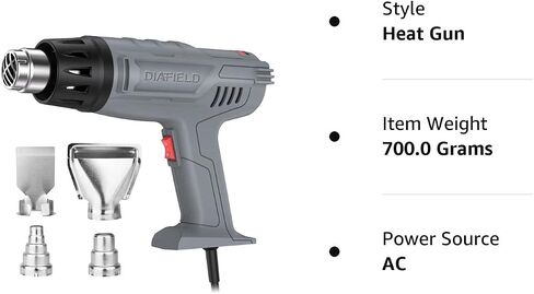 DIAFIELD Mini Heat Gun, 2 Temp Setting 302℉-842℉ Fast Heat Hot Air Gun Tool with Reflector Nozzle and 5.9Ft Cable Overload Protection for Epoxy Resin, Craft, Embossing, Shrink Wrapping & DIY in Saudi Arabia