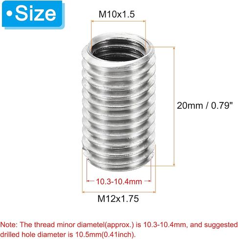 محولات خيط باتيكل كم تقليل الجوز، 10 قطع M12x1.75 ذكر إلى M10x1.5 أنثى إصلاح إدراج الجوز المسمار المخفض قفل الفولاذ المقاوم للصدأ 20 مم in Kuwait