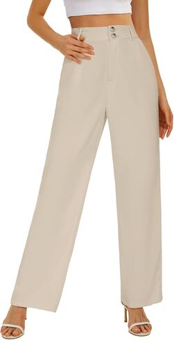 سروال عمل سادة من Onlypuff للنساء طويل وواسع الساق فضفاض بيج XL in Kuwait