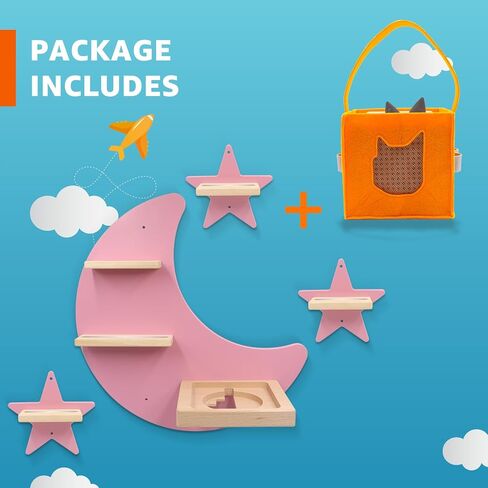 رف وحقيبة حمل لـ TonieBox وTonie (حقيبة، قمر و3 نجوم)، شخصيات Tonies تخزين Tonies، أرفف عائمة خشبية مغناطيسية متوافقة مع شخصية مشغل Tonie Box لغرفة الأطفال (وردي) in Kuwait