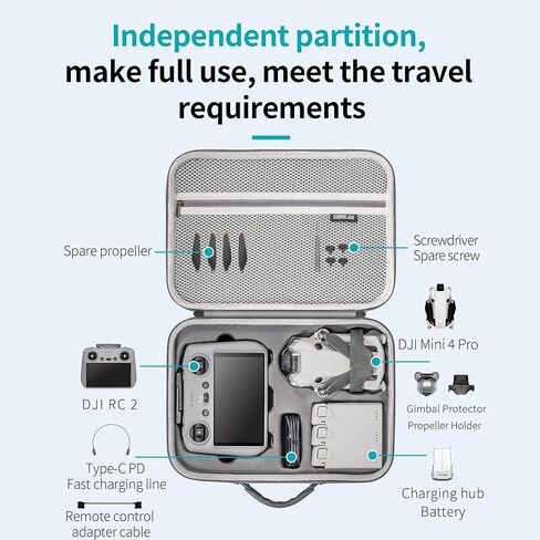 حافظة CENPIN Mini 4 Pro RC 2، حقيبة سفر محمولة من جلد البولي يوريثان، حقيبة حمل لـ DJI Mini 4 Pro مع وحدة تحكم RC 2 (جهاز تحكم عن بعد بالشاشة)، مركز شحن ثنائي الاتجاه وملحقات الطائرات بدون طيار الأخرى in Kuwait