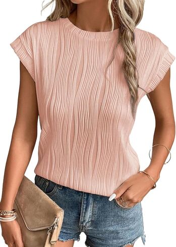AlvaQ Womens Summer Short Sleeve Textured Tops Crewneck Basic Loose Fit T Shirts Solid Casual Tee Blouses in Saudi Arabia