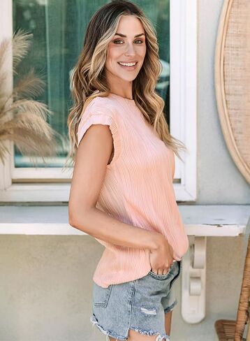 AlvaQ Womens Summer Short Sleeve Textured Tops Crewneck Basic Loose Fit T Shirts Solid Casual Tee Blouses in Saudi Arabia