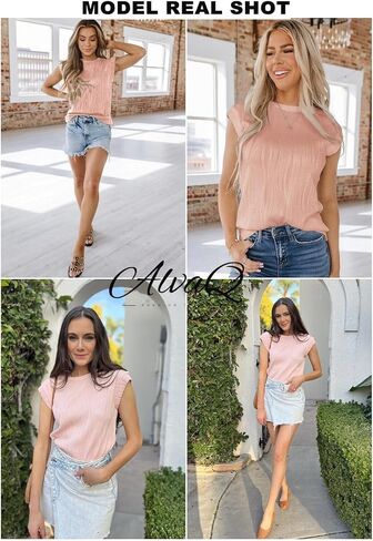 AlvaQ Womens Summer Short Sleeve Textured Tops Crewneck Basic Loose Fit T Shirts Solid Casual Tee Blouses in Saudi Arabia