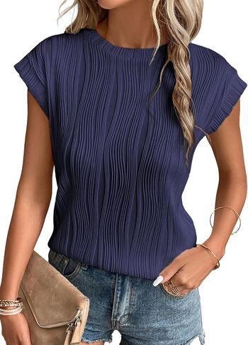 AlvaQ Womens Summer Short Sleeve Textured Tops Crewneck Basic Loose Fit T Shirts Solid Casual Tee Blouses in Saudi Arabia