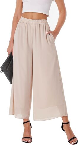 heipeiwa Women's Capris Crop Chiffon Pants Summer Beach Vacation Culottes Casual Dress Wide Leg Palazzo Pants in Saudi Arabia