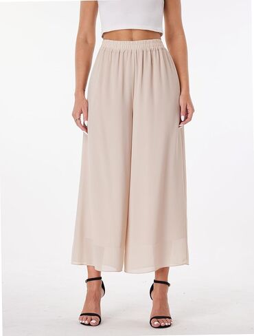 heipeiwa Women's Capris Crop Chiffon Pants Summer Beach Vacation Culottes Casual Dress Wide Leg Palazzo Pants in Saudi Arabia