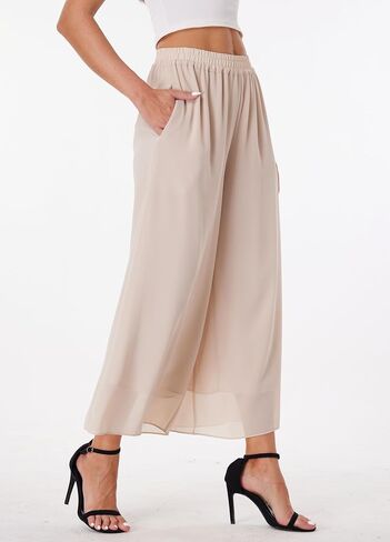 heipeiwa Women's Capris Crop Chiffon Pants Summer Beach Vacation Culottes Casual Dress Wide Leg Palazzo Pants in Saudi Arabia