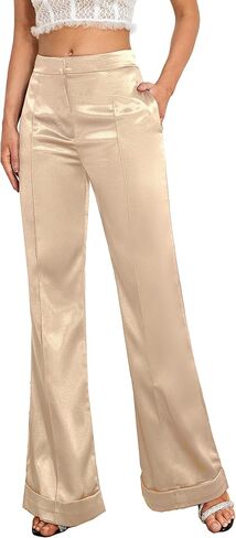 D & M المرأة سروال فستان واسعة الساق عالية الخصر مضيئة السراويل العمل السراويل الأعمال مكتب صالة عادية بانت بنطلون مع جيب in Kuwait