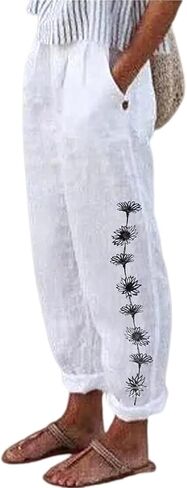 سراويل الكتان النسائية مع جيوب فضفاضة مرنة عالية الخصر مريح بناطيل الشاطئ الصيف خفيفة الوزن سراويل تقليدية مطرزة in Kuwait
