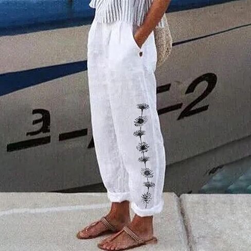 سراويل الكتان النسائية مع جيوب فضفاضة مرنة عالية الخصر مريح بناطيل الشاطئ الصيف خفيفة الوزن سراويل تقليدية مطرزة in Kuwait