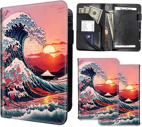 Server Books for Waitress,PU Leather Waiter Book Server Wallet with Zipper Pocket,Cute Waitress Book&Waitstaff Organizer with Money Pocket Fit Server Apron,Sunset Wave in Saudi Arabia