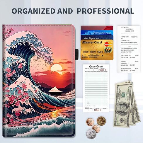 Server Books for Waitress,PU Leather Waiter Book Server Wallet with Zipper Pocket,Cute Waitress Book&Waitstaff Organizer with Money Pocket Fit Server Apron,Sunset Wave in Saudi Arabia