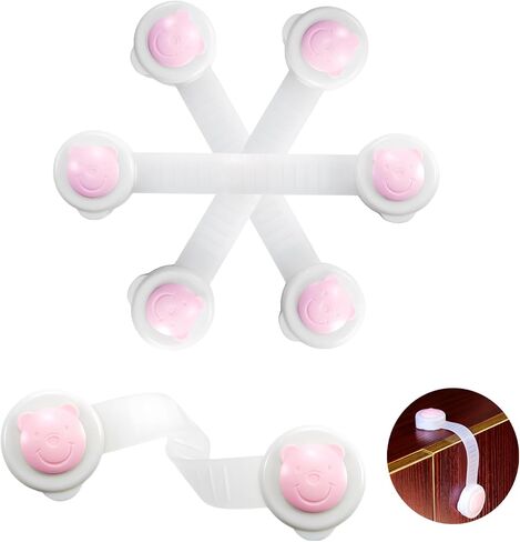 CouSweoart Fridge Lock for Kids,4 Pack Child Safety Straps Locks No Drilling Bear Model Cabinet Locks for Babies with Stronger Adhensive Tape (Pink) in Saudi Arabia