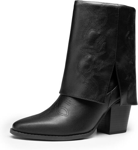 DREAM PAIRS Womens Cowboy Boots, Fold Over Pull On 3.14 Inch Chunky Heel Pointed Toe Embroidered Western Cowgirl Fashion Mid Calf Boots in Saudi Arabia