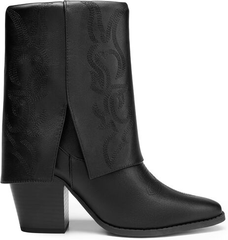 DREAM PAIRS Womens Cowboy Boots, Fold Over Pull On 3.14 Inch Chunky Heel Pointed Toe Embroidered Western Cowgirl Fashion Mid Calf Boots in Saudi Arabia